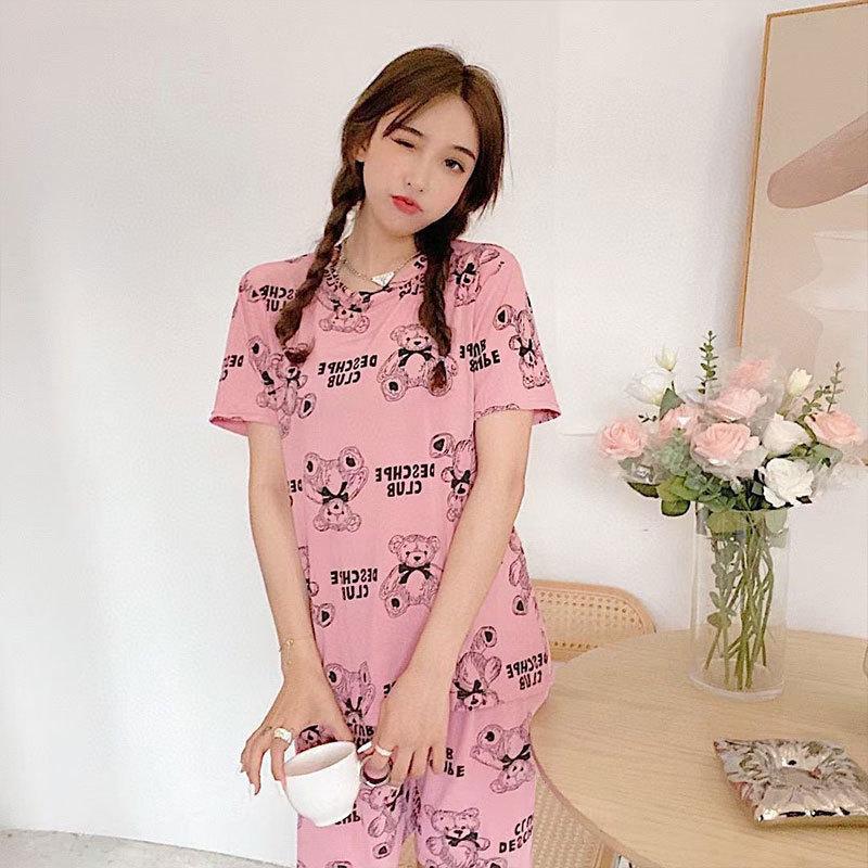 

Pajamas women s summer short sleeves trousers cartoon cute Internet celebrity bear spring and autumn loungewear suit thin Female m