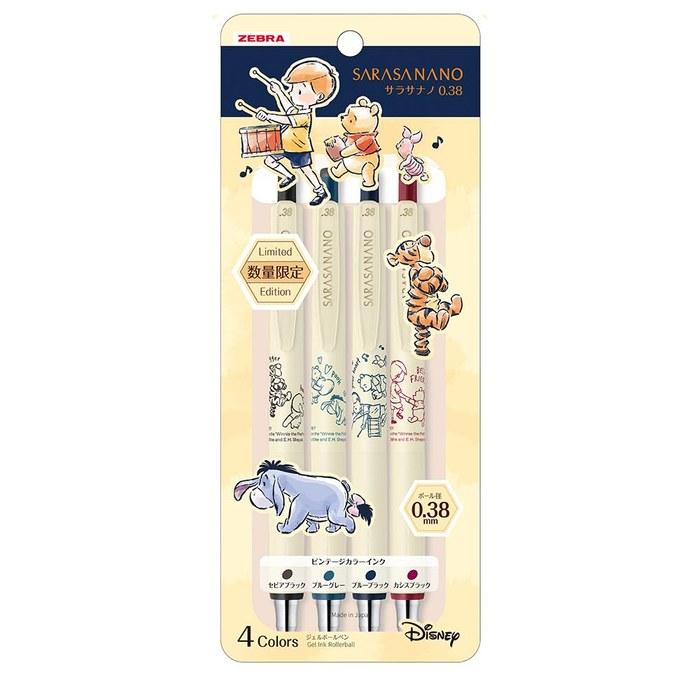 Zebra Sarasa Nano Gel Pen 0.38mm Winnie the Pooh Limited Edition 4-Color Set JJX72-DSWP-4C (Sepia Black, Blue Gray, Cassis Black, Blue