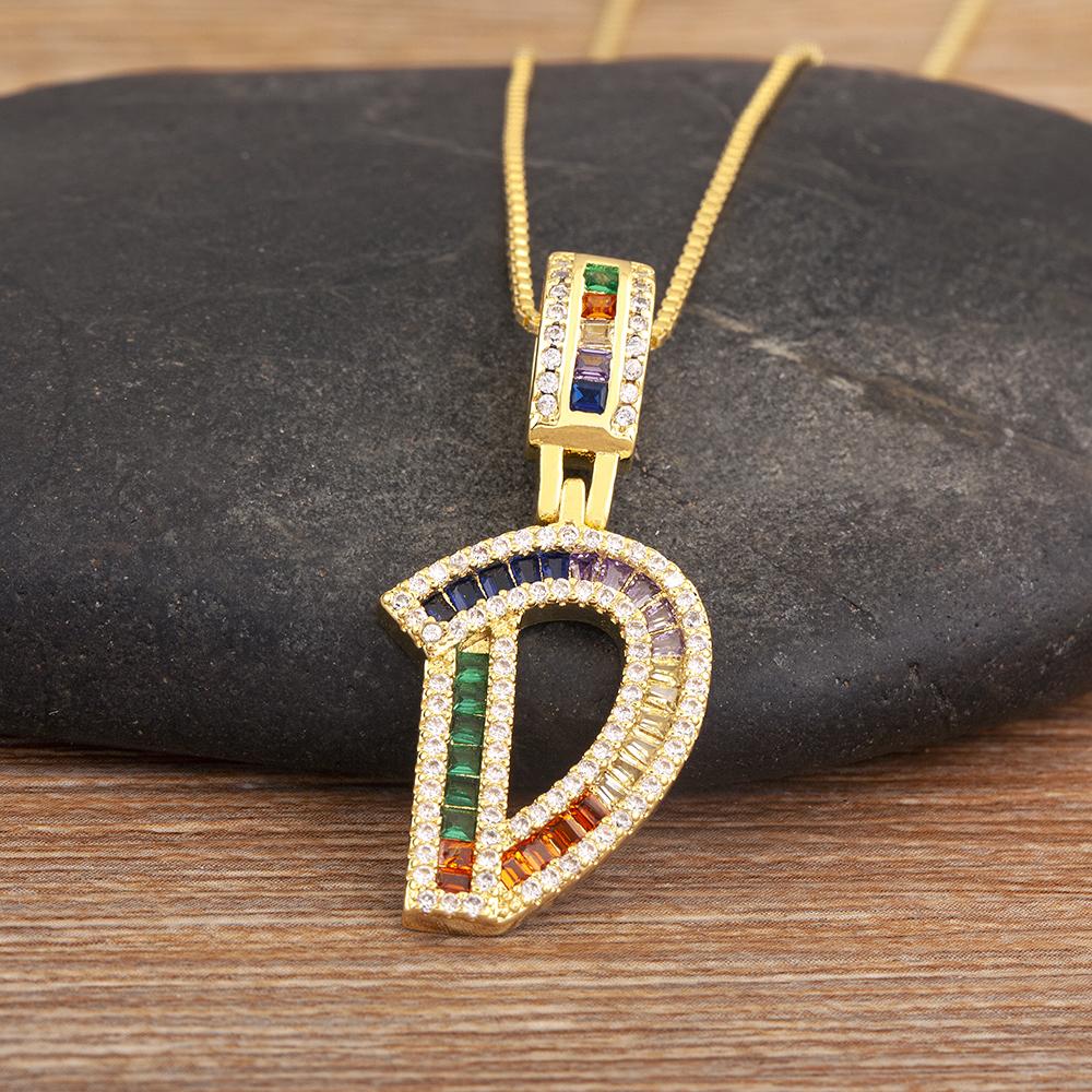 Nidin Simple Fashion 26 A-Z Letters Alphabet Rainbow Cubic Zirconia Pendant Necklace For Women Men Hip-Hop Style Copper Jewelry