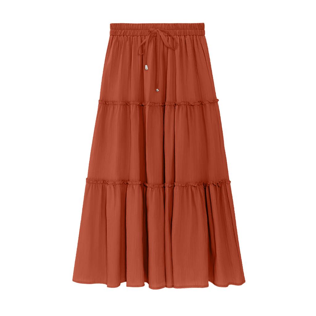 Women's Drawstring High Rise Midi Skirt Tiered Ruffle Maxi Skirt Casual Summer Long Skirt