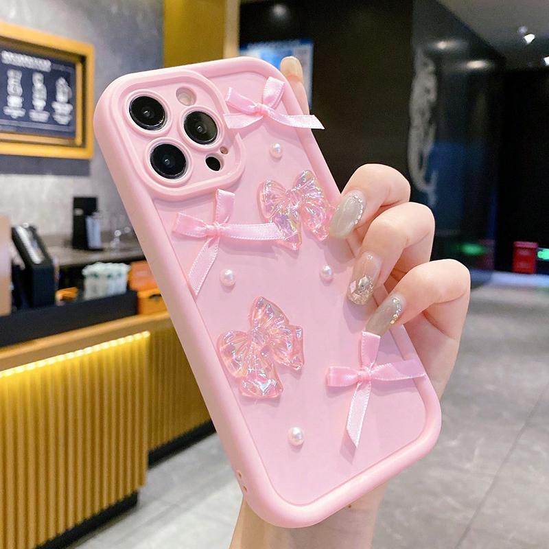 3D Bow Pearl Decorated Phone Case For iPhone 17 16 15 14 13 12 11 Pro Max 16E XS X XR 7 8 Plus SE Shockproof Silicone Soft Cover