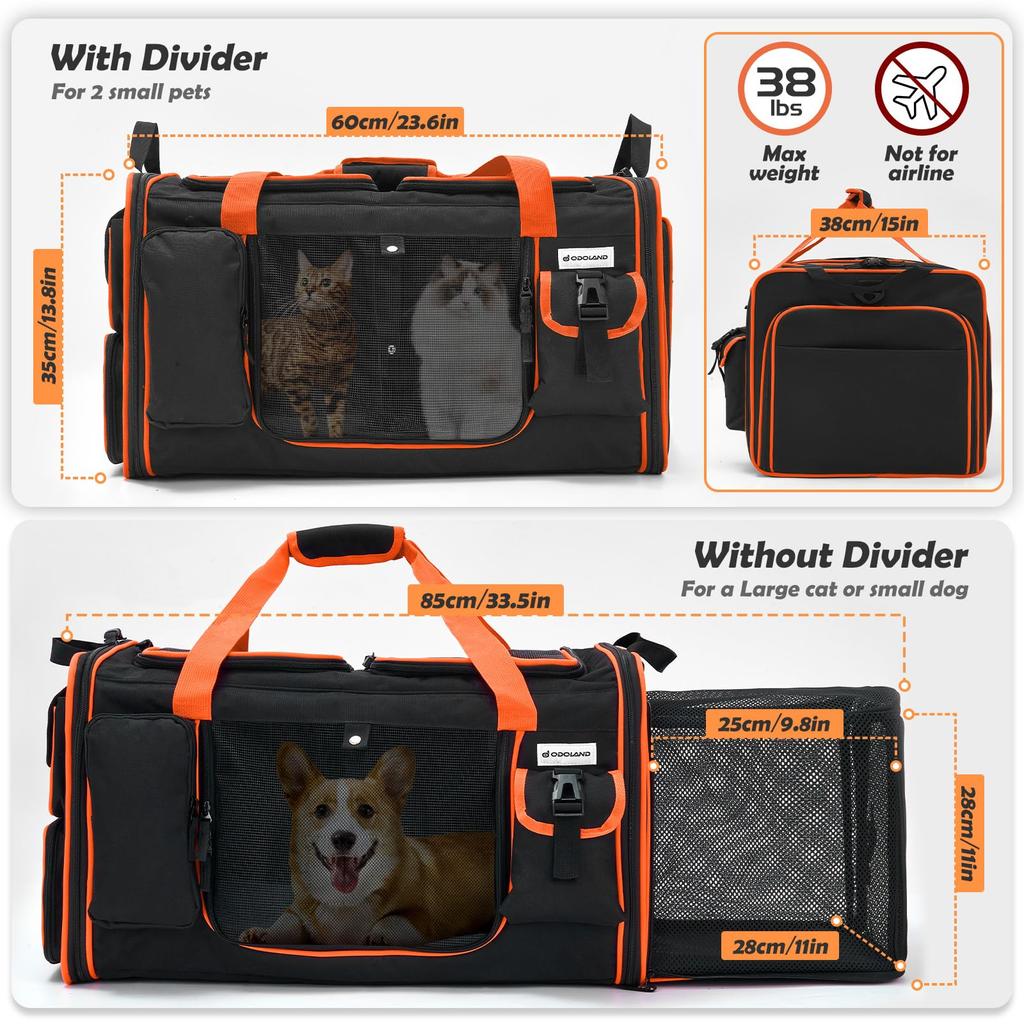 Odoland Extra Large Pet Carrier with 60cm 25cm for 2 Includes Cat Litter Removable and Food Suitable for Dogs and Travel Carrier Bag for Preparedness
