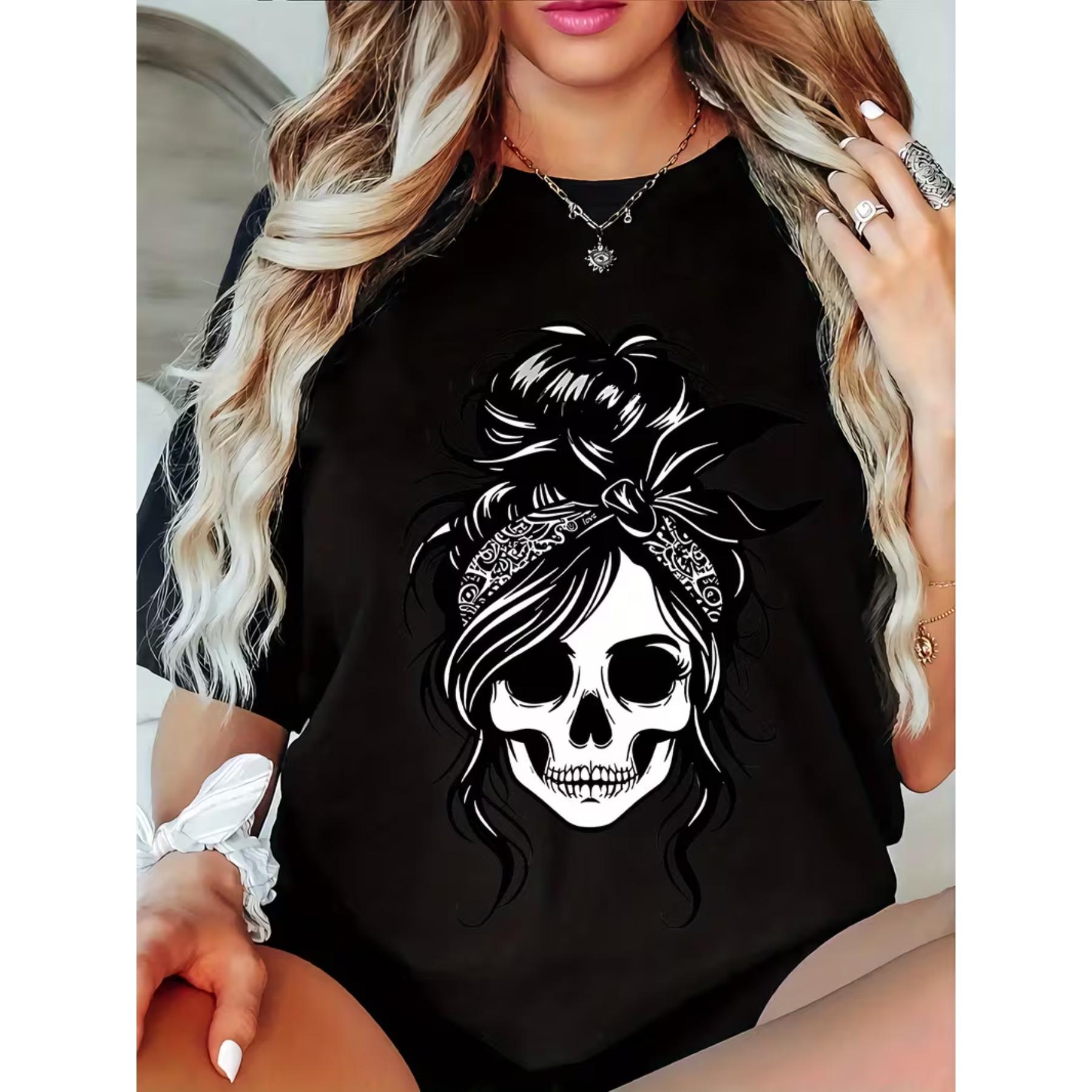 T-shirt Casual Imprimé pour Femme, Col Rond, Manches Courtes, Tissu Légèrement Élastique, Coupe Regular, Haut Confortable pour Toutes les Saisons XXL noir