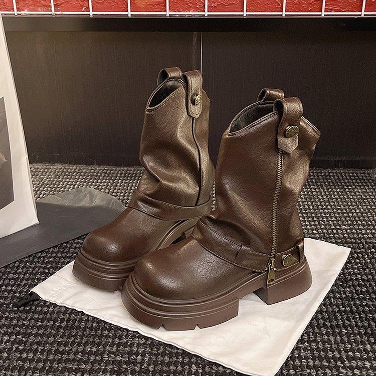 Women Short Boots 2026 Autumn Winter Platform Thick Heel Fashion Belt Buckle Shoes Street Style Banquet Motorcycle Botas Mujer