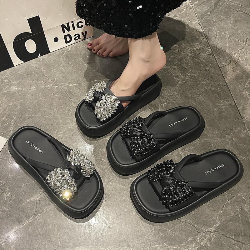 Rhinestone bow slippers outer wear 2025 new summer fashion Rome versatile thick bottom height increase casual slippers women