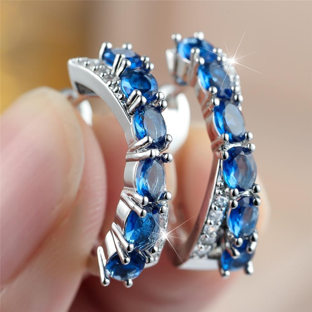 Elegant Female Big Oval Blue Zircon Stone Hoop Earrings Trendy Fashion Silver Color Wedding Jewelry For Women