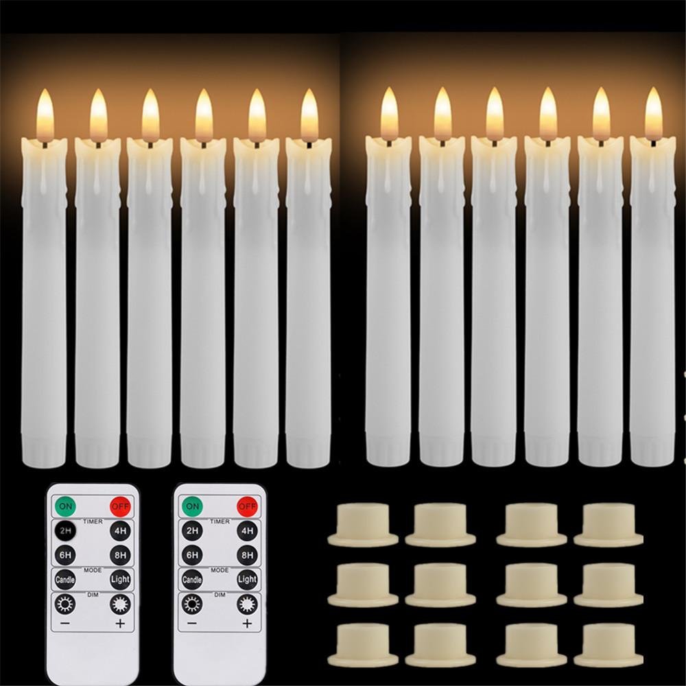 Pack of 12/24pc Flameless Flickering Ivory Taper Candles with Remote Battery Operated LED 3D Wick Candle Christmas Wedding Decor