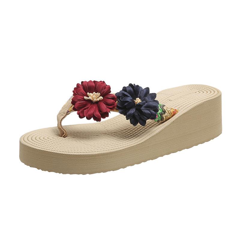 Ins Internet celebrity summer imitation straw hemp sole flower flip-flops women's fashion trend pinch foot thick sole beach shoes
