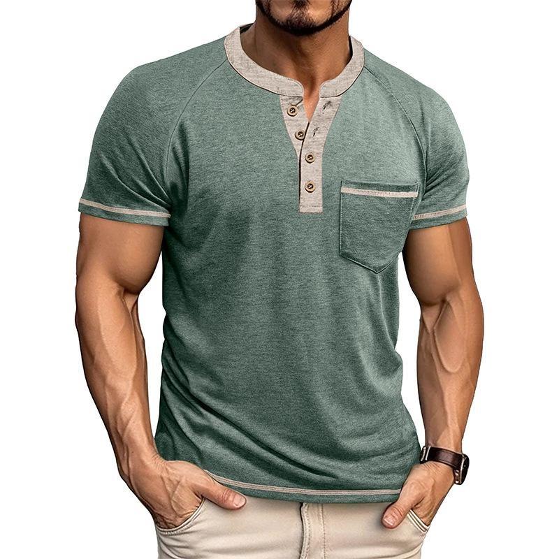 Simple Summer Men's Short-sleeved Henry Shirt Button Retro T-shirt Color Block T-shirt Men