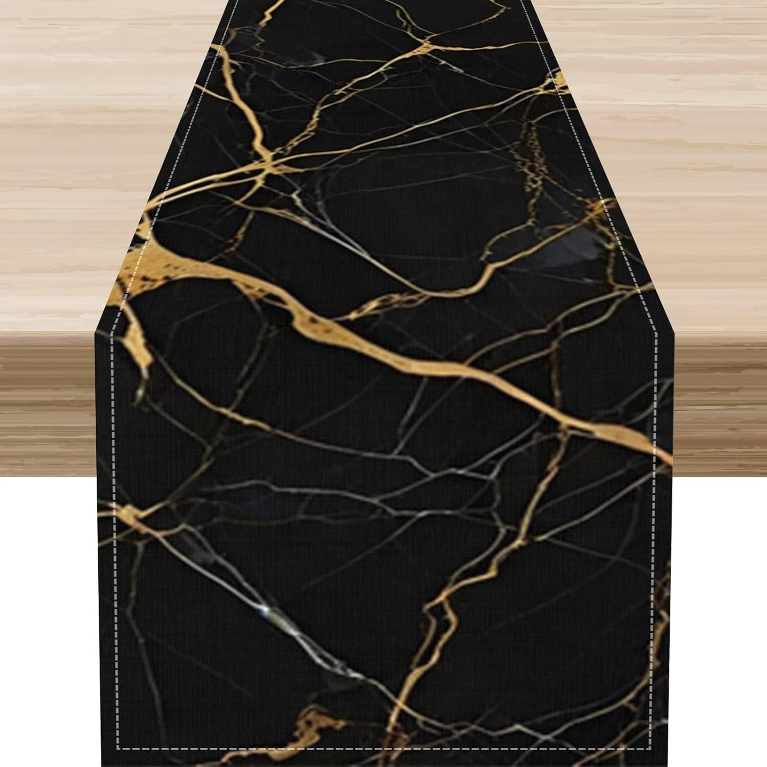 Runner de Masă din In cu Marmură Aurie Neagră Eșarfe pentru Comodă Decor Masă Lavabil Runner pentru Masa din Bucătărie și Dining Decor Petrecere de Sărbători 150x33cm black