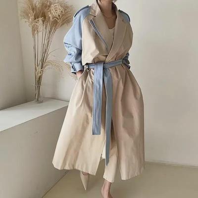 Women's Korean Chic Retro Trench Coat with French Lapel, Color-Contrast Stitching, and Lace Waist Trim.
