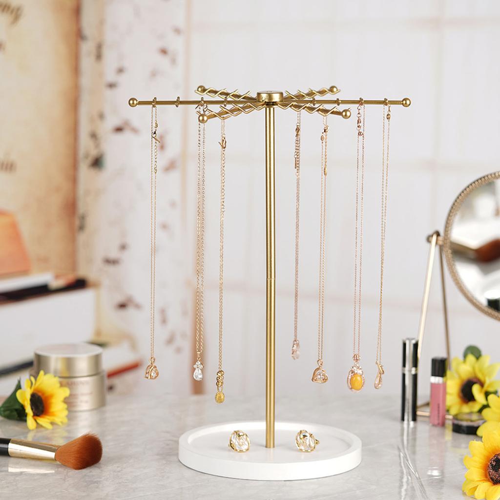 Modern Gold Jewelry Display Stand 48 Hooks 360 Rotating Design Compact Storage Solution For Necklaces Bracelets Perfect Gift