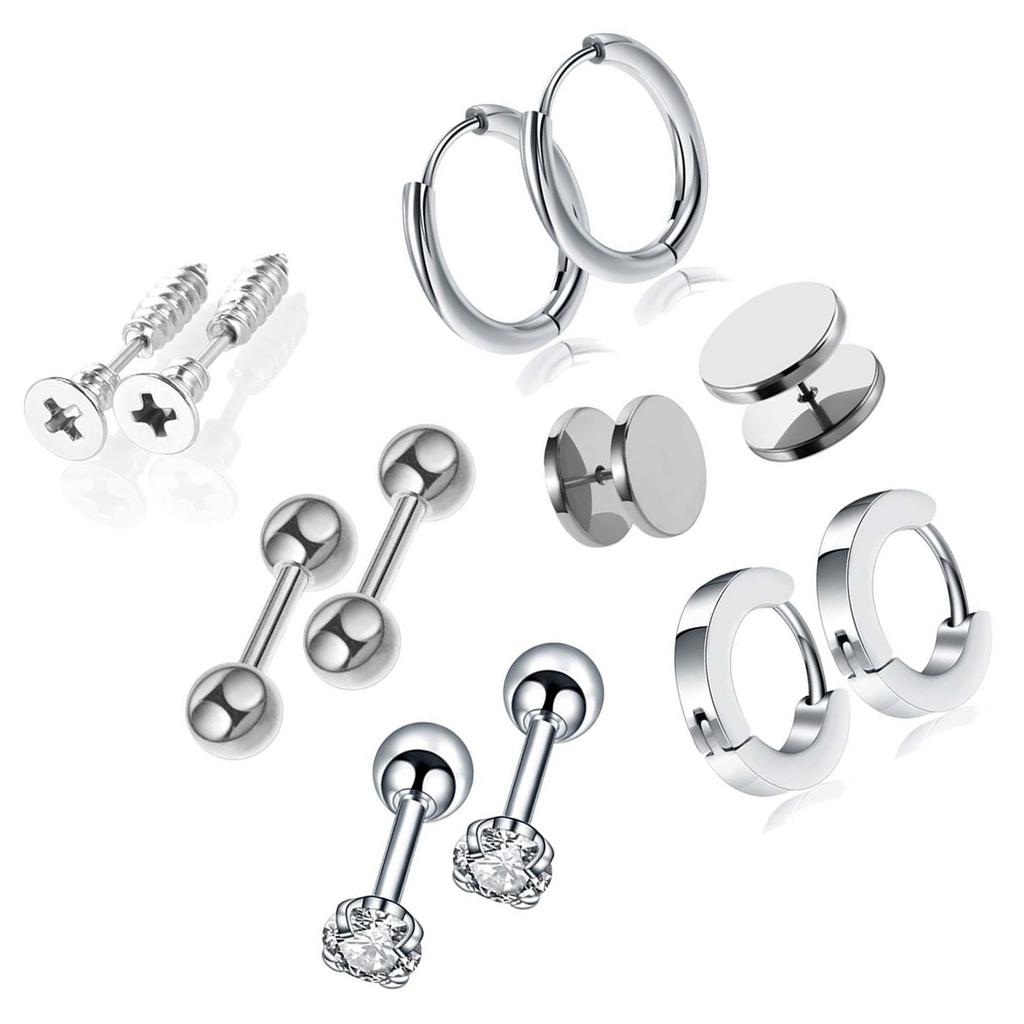 6 Pairs Stud Earring Set Stainless Steel Zircon Pierced Jewelry Unisex Ear Accessories