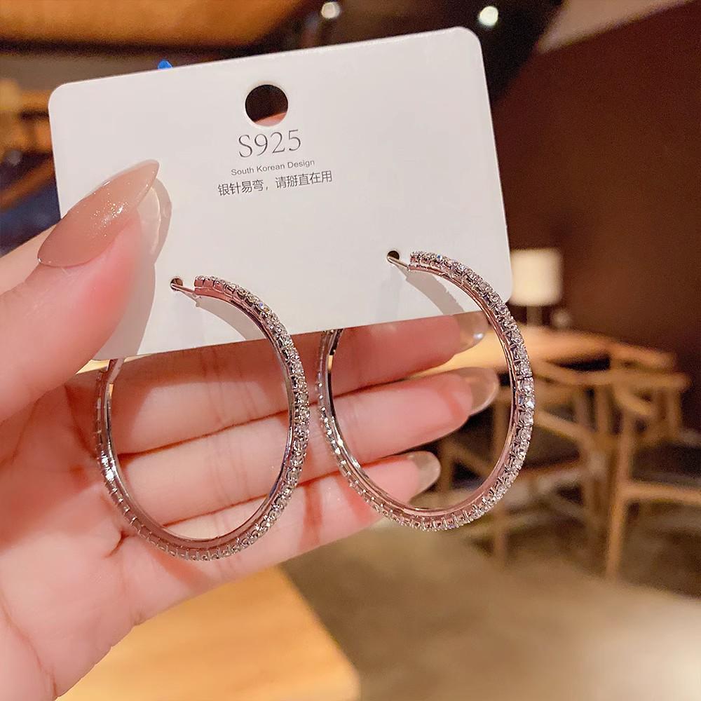 111 Silver Needles European and American Exaggerated Diamond-set Large Circle Earrings, Fashionable Temperament Earrings Show Face Thin Earrings