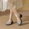 Mary Jane thick heel silver bag head sandals summer soft sole empty single shoes high heels women