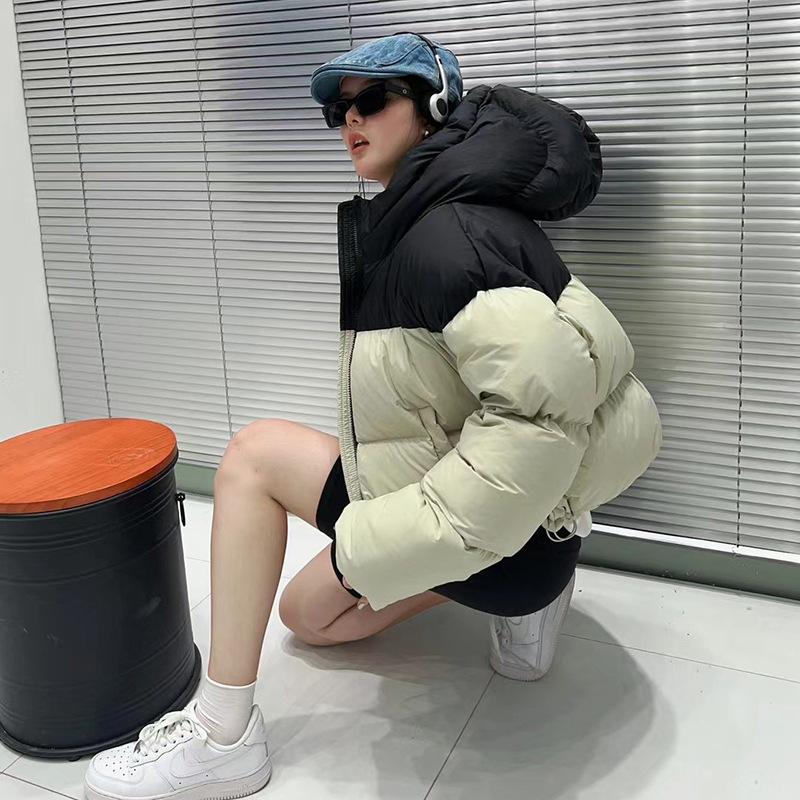 

Color matching short white duck down jacket women s 2025 winter new hooded loose warm couple bread jacket S
