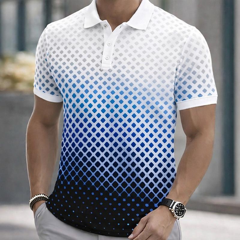 Modern Diamond Grid Polo Shirt Men Gradient Halftone Graphic Short Sleeve Tops Summer Fit Casual Male Polo New Men Clothing