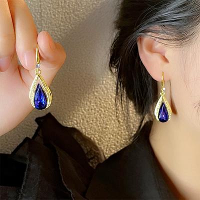 Light Luxury Atmosphere Retro Flash Diamond Blue Crystal Water Drop Earrings Hong Kong Style Gentle Ear Hook Temperament Earrings Women