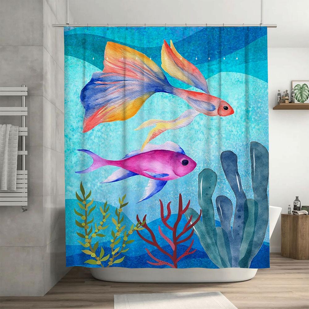 Bright Fish Watercolor Shower Curtain Underwater Scene Decor for Bathroom Tinted Fabric Bath Mat, 180 X 259cm