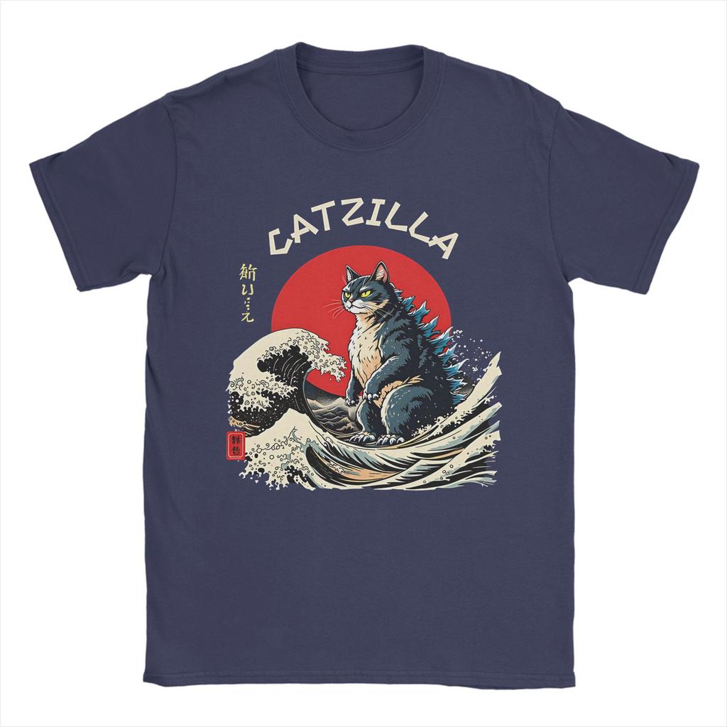 Funny Catzilla Cat Japanese Art T-Shirt for Men Casual Pure Cotton Tee Shirt O Neck Short Sleeve T Shirts Classic Clothes