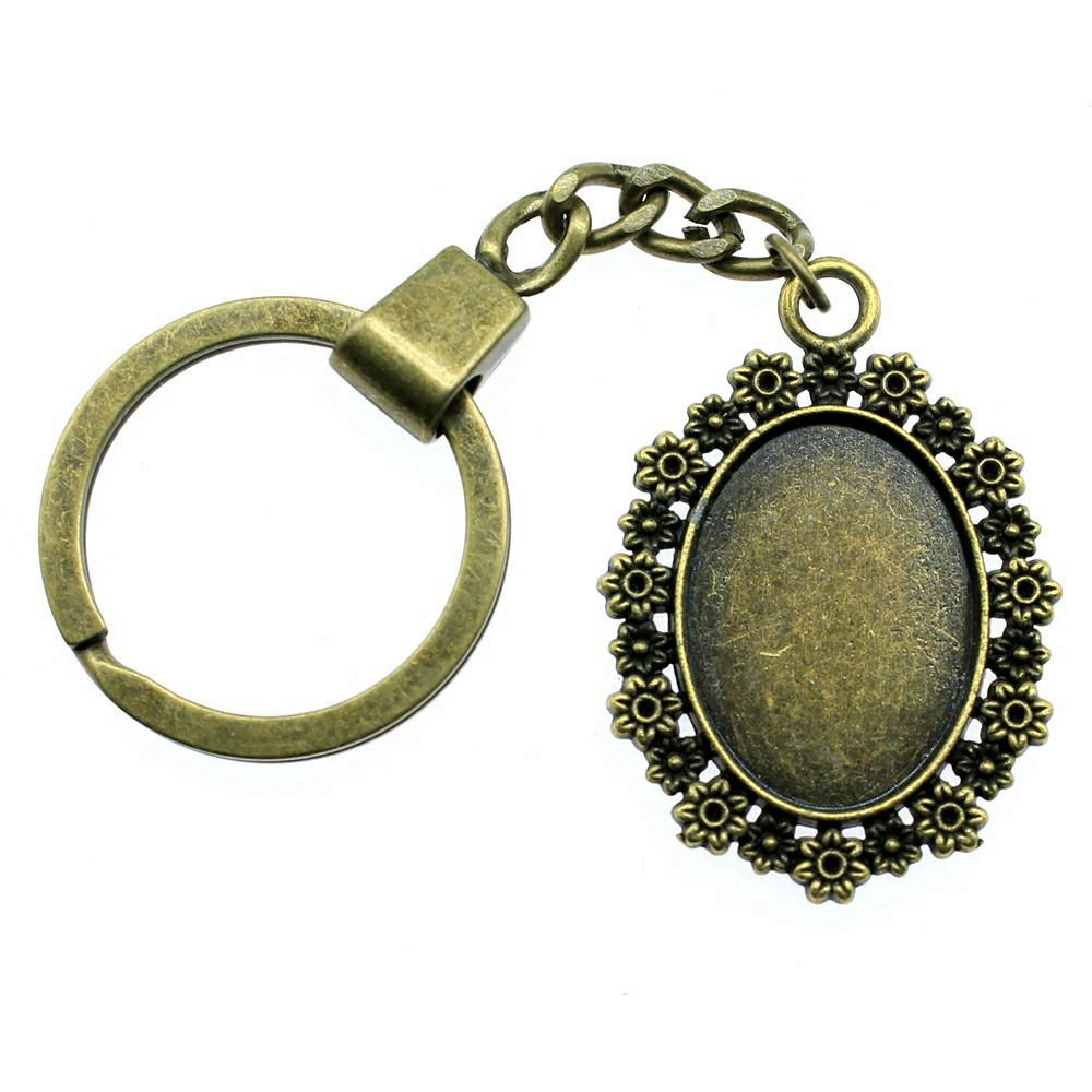 Heart Elliptical Glass Cabochon Base Setting Tray Blank Antique Bronze Metal Keychain for Family Gift
