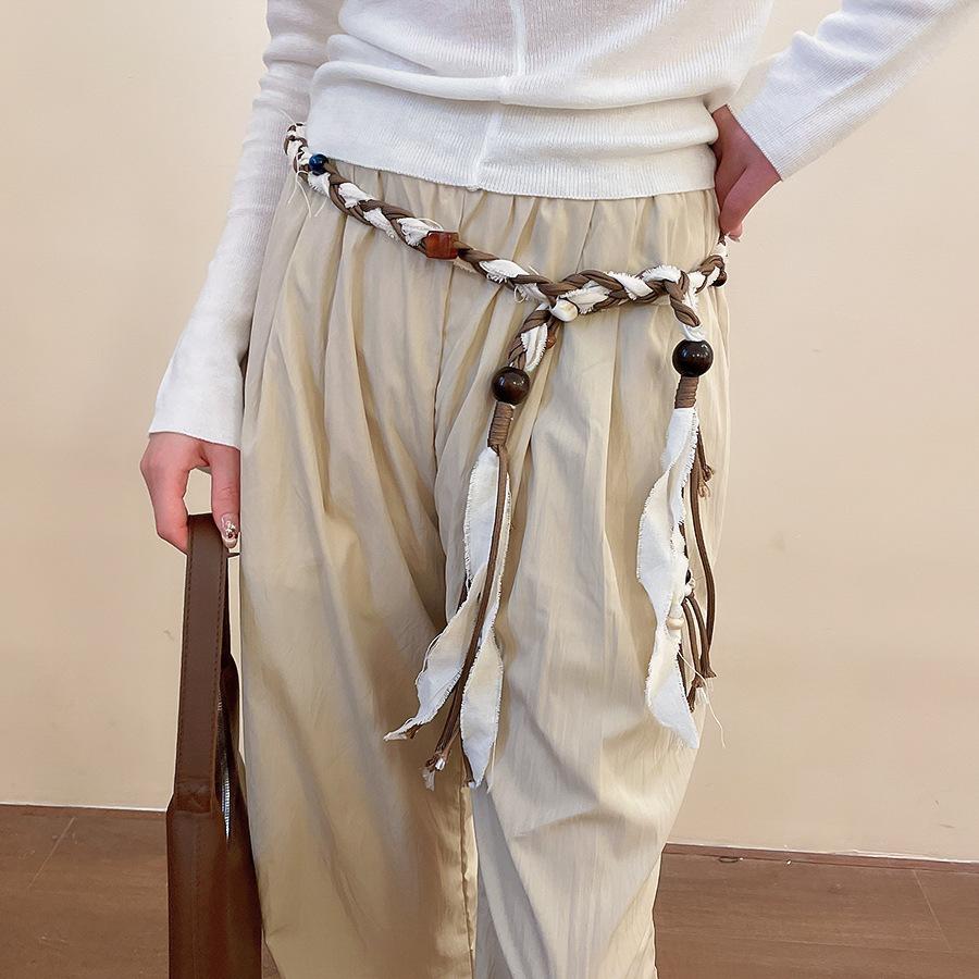 Vintage ethnic wind wood bead woven fringed waist chain bohemian belt clothing