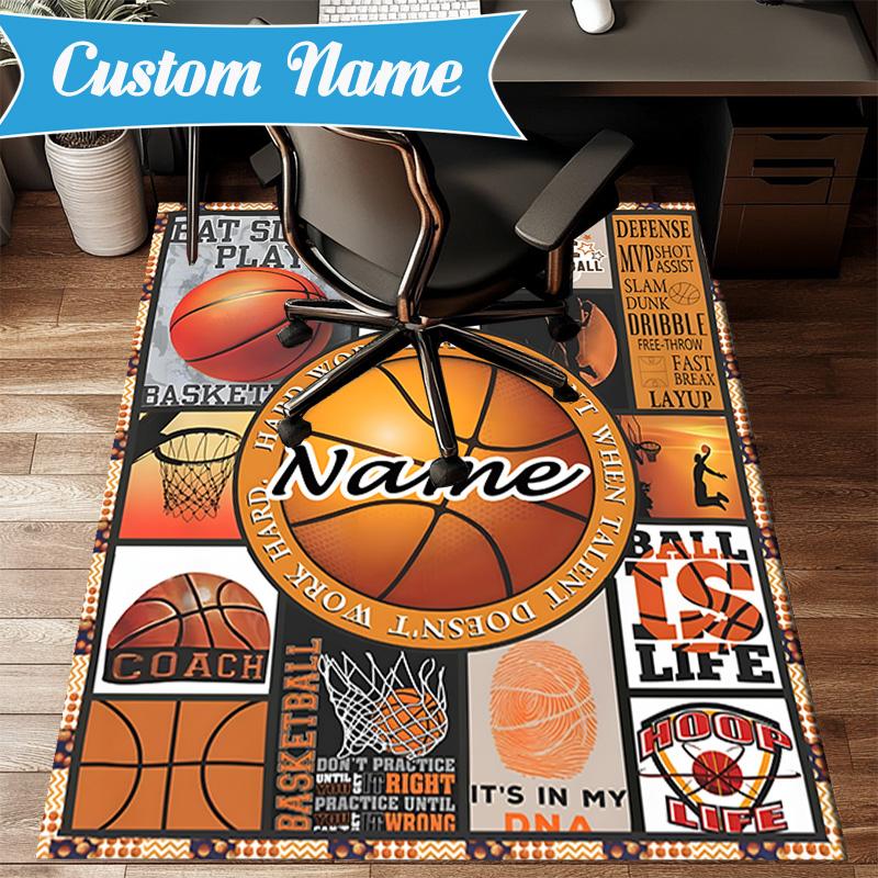 Custom Name Play Basketball Rug for Living Room, Game Rooms, Office, Bedroom, Floor Mat Playful Design, fan gifts Christmas decor