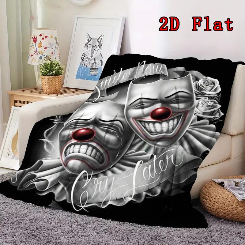 Laughing Crying Clown Face 2D Flat Pattern Flannel Blanket High quality All Seasons Warmth and Comfort Perfect for Christmas Gifts.