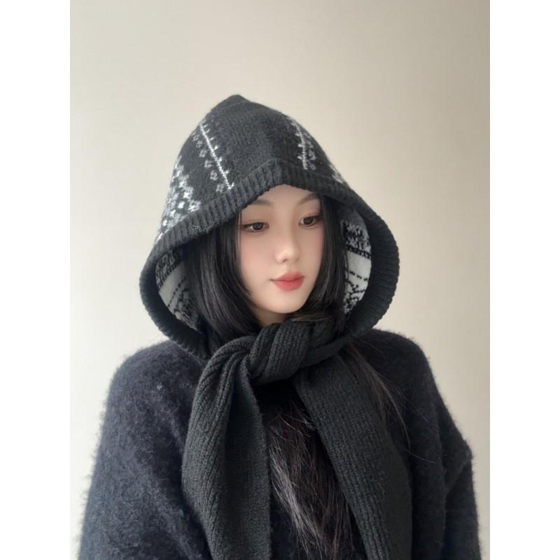 Knitted Balaclava Beanie With Scarf Combo Women Men Winter Warm Windproof Hooded Hat In Neutral Styles