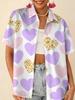 Gentle blue floral printed shirt for women, short-sleeve loose lapel design, niche vacation style top