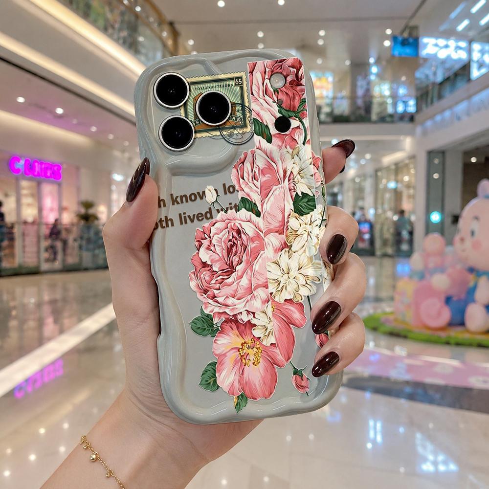 Vintage Stamp Peony Floral Hand Script Wavy Edge Phone Case For iPhone 17 16 15 14 13 12 11 8 7 Plus Pro Max Retro Cover