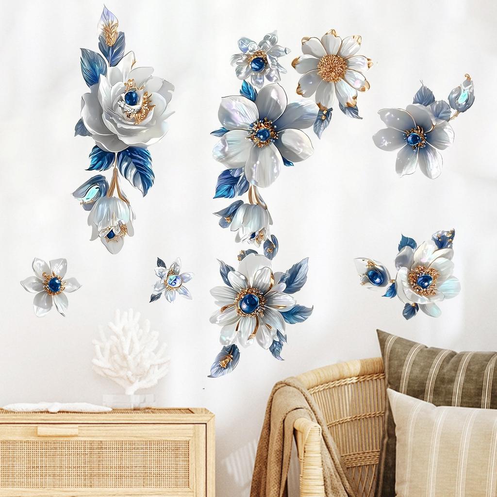 3D Floral Paper Blue and White Decoration for Living Room Bedroom Background Wall Decoration Stickers