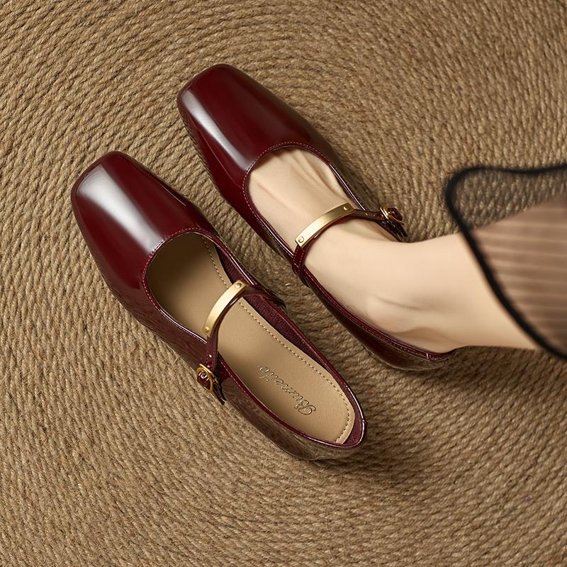 Retro Buckle Burgundy Mary Jane Single Shoes Square Toe Shallow Mouth Single Shoes Necessary Low Top Shoes for Commuting
