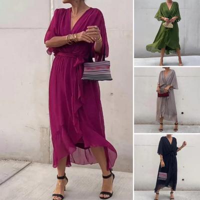 Evening Dress Bat Sleeves Irregular Ruffle Hem V Neck Lace-up Waist Pleated