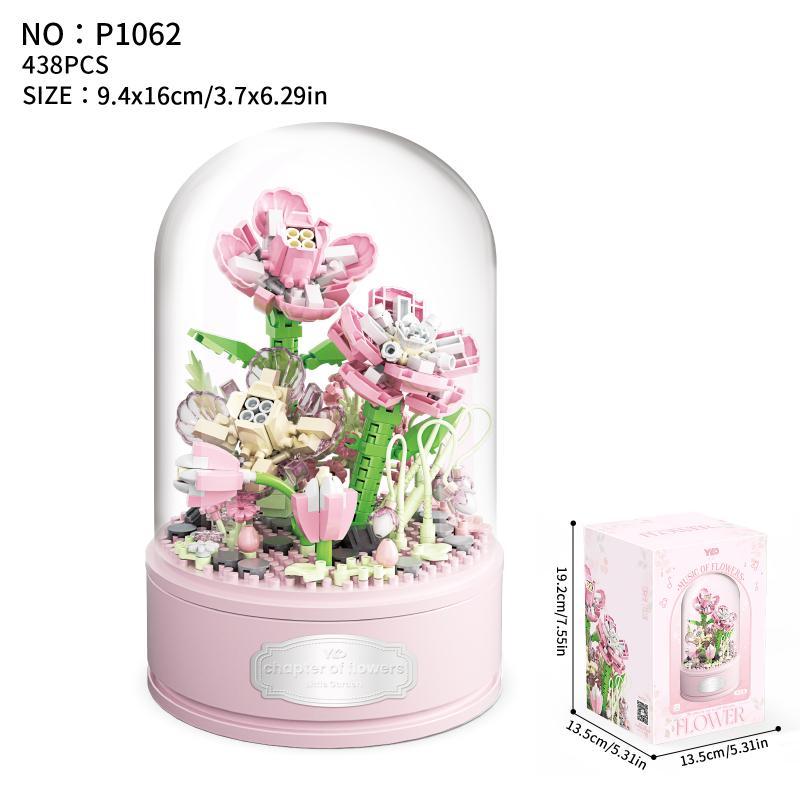 

Цветочная вращающаяся музыкальная шкатулка, синий подсолнух, розовый, креативное украшение для офиса, строительный блок, игрушка «сделай сам», подарок Hibiscus