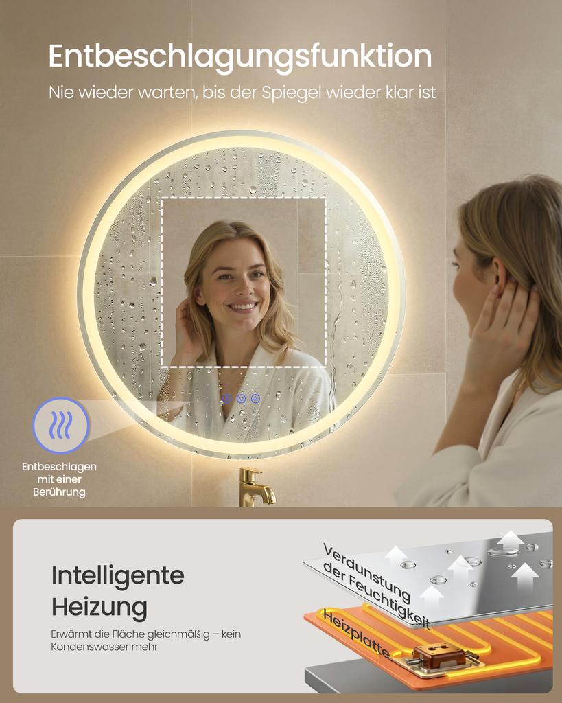 SONGMICS Espejo de Baño Iluminado, Espejo Redondo de Pared, Función Antivaho, Temperatura de Color y Brillo Ajustables, Para Baño y Dormitorio