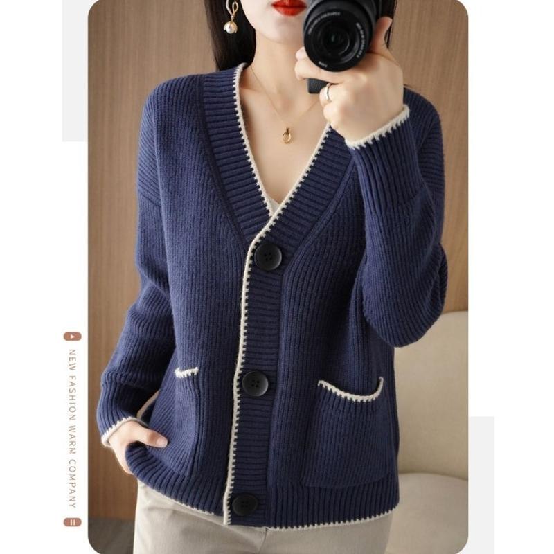 Autumn Winter Korean Fashion V-neck Loose Knitted Sweater Jacket Women Cardigan Pockets Casual Office Coats Long Sleeve Solid Color Simple Clothing