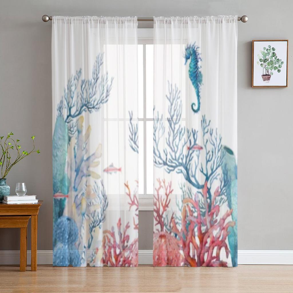Watercolor Nautical Fishes And Corals Chiffon Sheer Curtains For Living Room Bedroom Decoration Window Tulle Curtains Drapes
