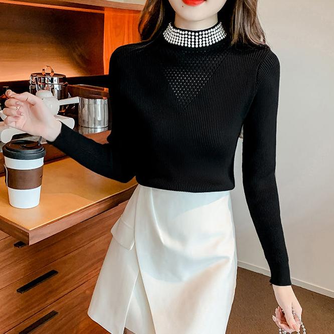 Women High Neck Sweater Slim Beaded Stretch Knit Sweater Fall and Winter Long Sleeve Pullover Knit Top
