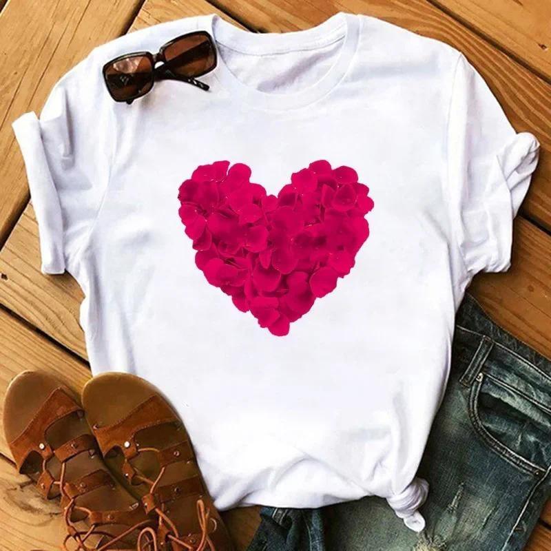 T-shirt Women Neck T-shirt Women T Shirt Love Flower Half Sleeve Cartoon White Letter Aesthetic Clothes