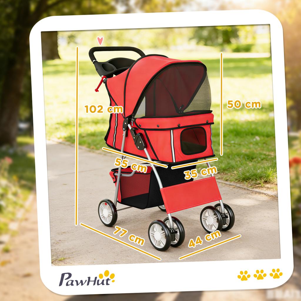 Dog Pram, Pet Stroller with Reflective Strips, Foldable Cat Stroller with 360 Degrees Swivel Wheels, Red