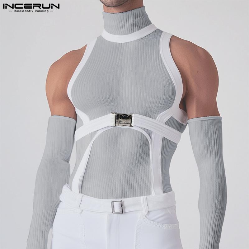 INCERUN Men Turtleneck Stitching Oversleeve Rib Casual Fitted Tank Tops