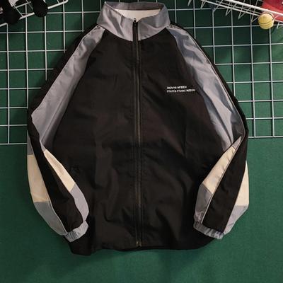 Men Jacket Color Block Loose Vintage Long Sleeves Zipper Closure Stand Collar Windproof