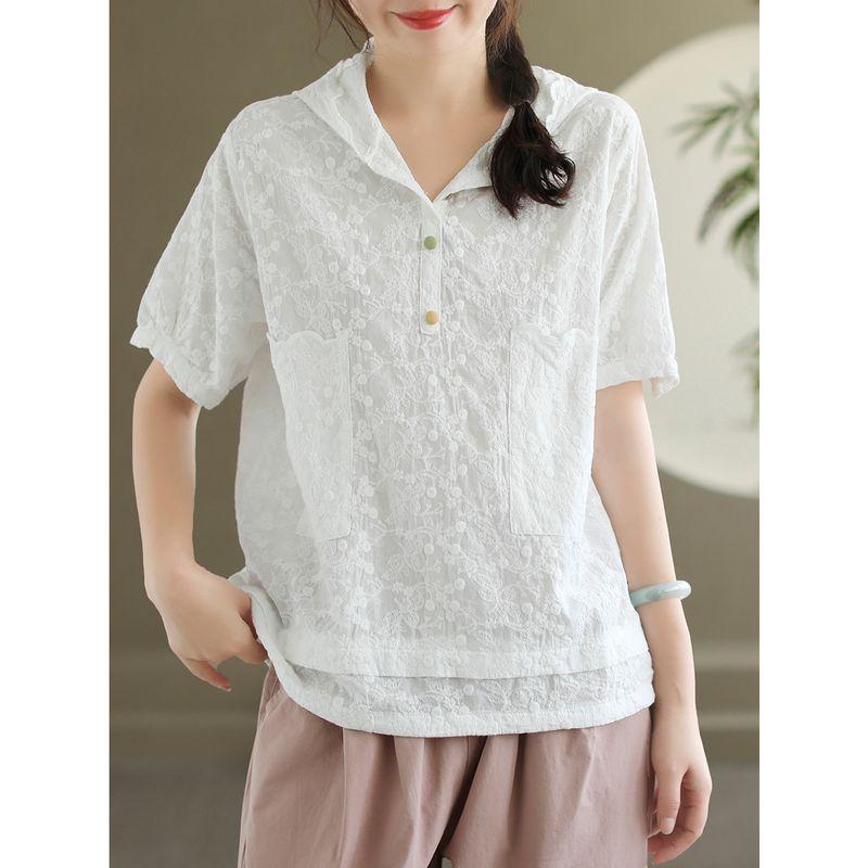 

Daile Original New Arrival Artsy Cotton Jacquard Embroider Short-Sleeved T-shirt Female Loose Hoodie Slimming Half-Open Collar Tops White One size(Within 70.00kg)