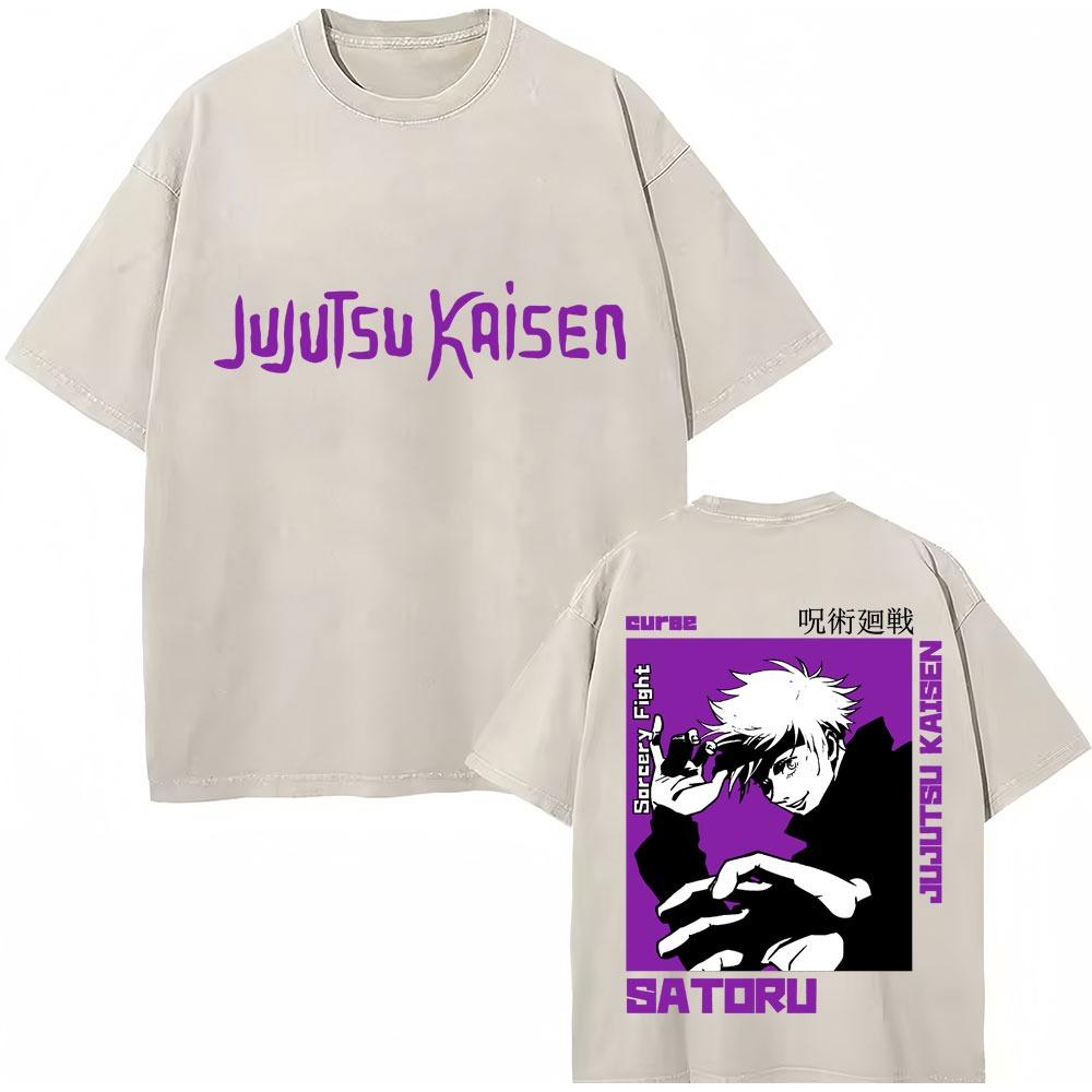 Japan Anime Jujutsu Kaisen Gewaschene T-Shirts Satoru Gojo Geto Suguru T-Shirt Lässig Baumwolle Oversized Harajuku T-Shirt