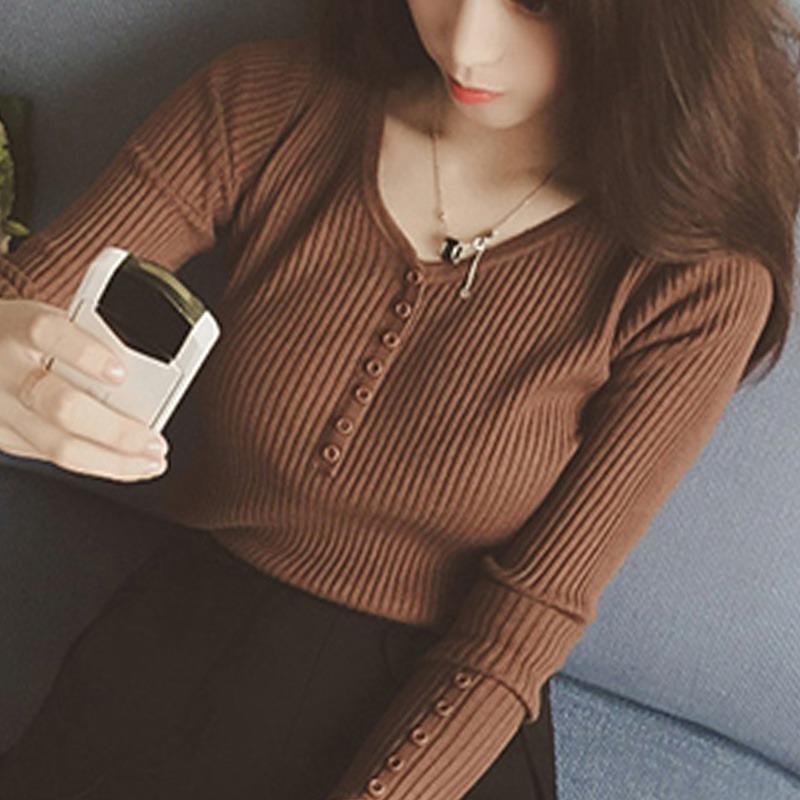 

Осенние и зимние свитера-пуловеры с V-образным вырезом для женщин, модные облегающие вязаные свитера с длинным рукавом, женские однотонные повседневные трикотажные джемперы 24874 One Size темно-коричневого