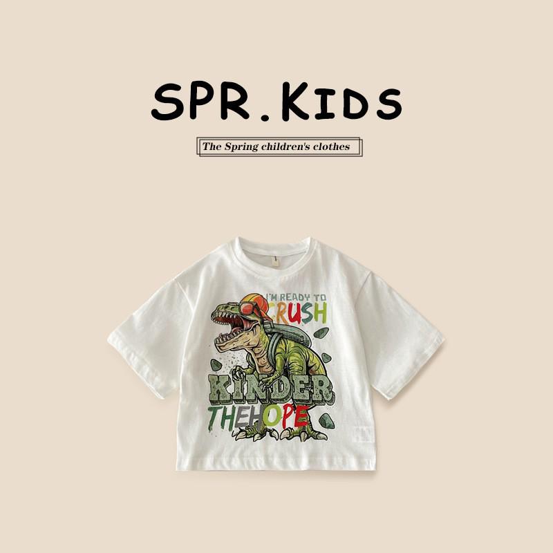 

2025 Мальчиковая футболка с мультяшным динозавром: Топ с коротким рукавом и круглым вырезом для детей - Летняя одежда для детей от маленького до среднего возраста 90cm белый