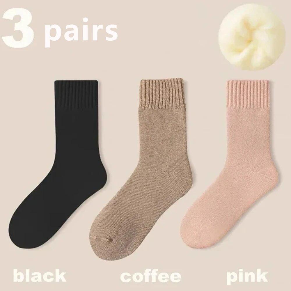 

3 пары женских шерстяных теплых носков, однотонные, осень-зима, толстые, плюшевые, мягкие, мохнатые, послеродовые, носки для сна из кашемира