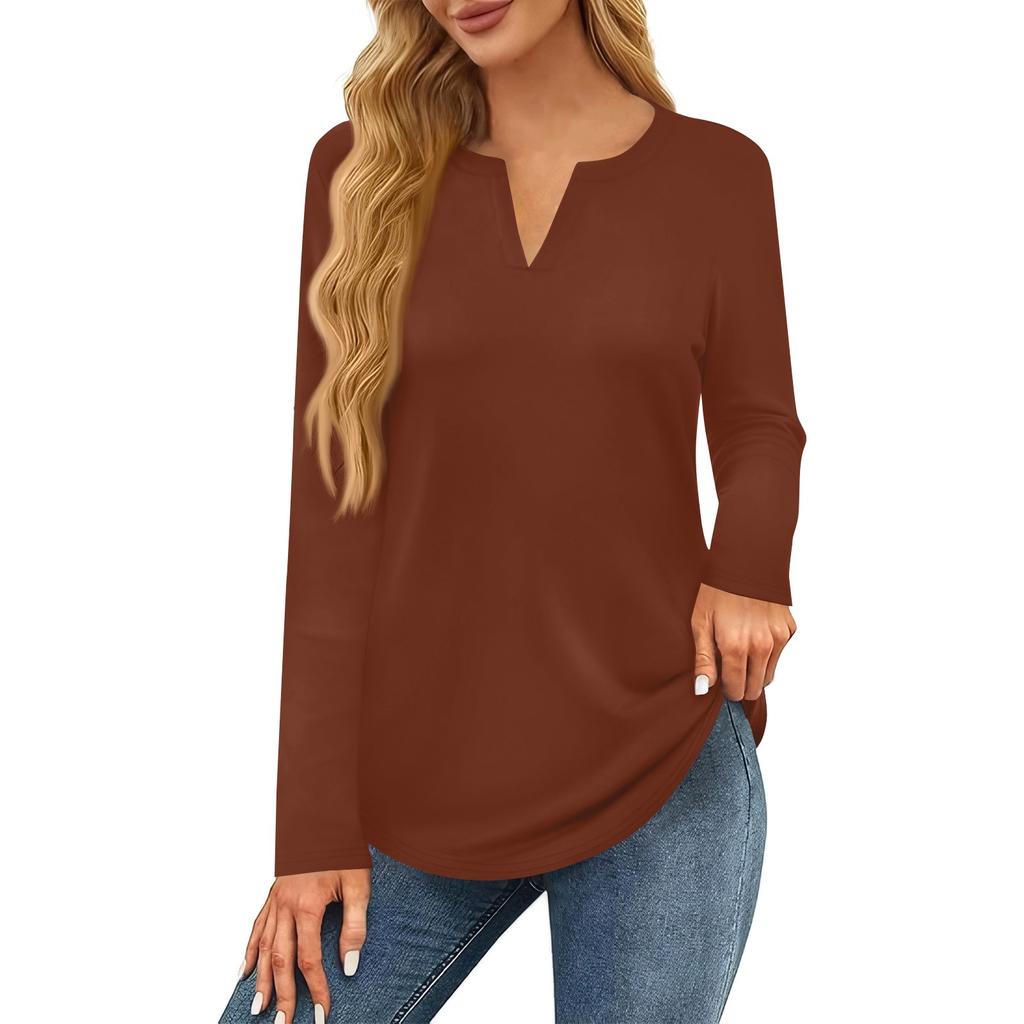 Damen T-Shirt, einfarbig, langärmelig, für den Alltag, Wochenende, modisch, Basic, V-Ausschnitt, normales Oberteil