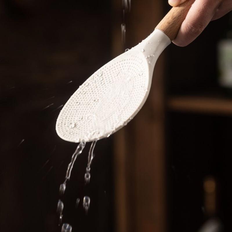 High Temperature Resistance Silicone Rice Scoop Anti-scald Wood Handle Spoons Kitchen Tools Non-stick  Easy To Clean Spoon
